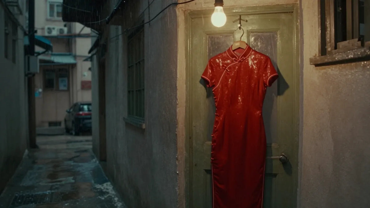Rain-slicked 1960s Hong Kong tenement corridor at dusk with a red qipao dress hanging on a door — In the Mood for Love era imagery