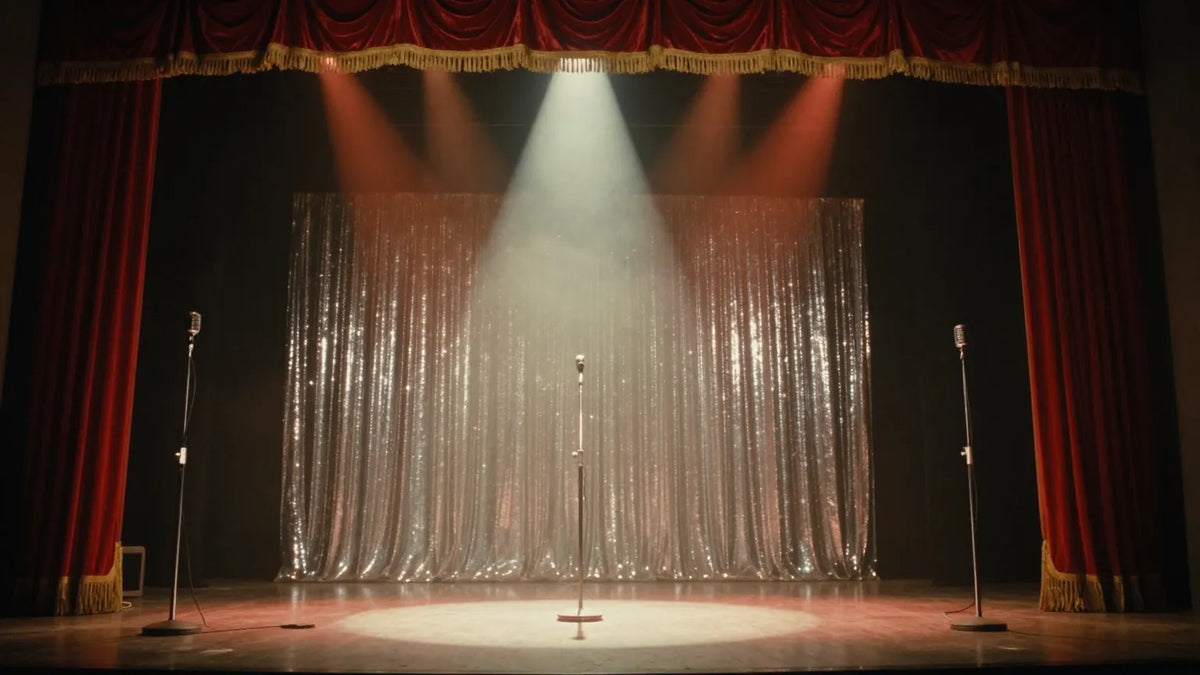 Empty 1980s Hong Kong concert hall stage with a single spotlight beam cutting through haze red velvet curtains and floor microphones