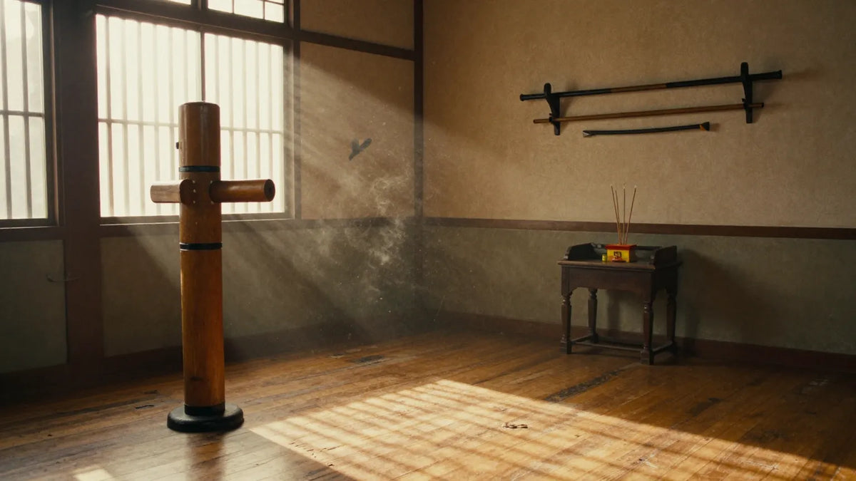 Empty vintage Cantonese martial arts training hall at dawn with wooden dummy and altar