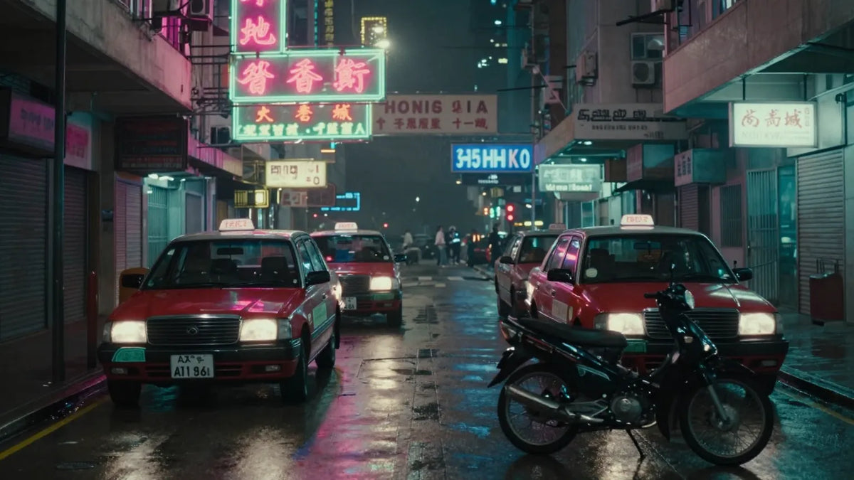 Vintage 1990s Hong Kong Central street at night with neon marquees red taxis and a lone motorcycle