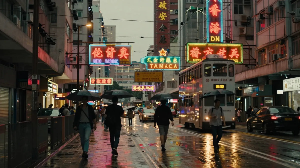 Neon-lit Hong Kong street at dusk with pedestrians under vintage Chinese signage