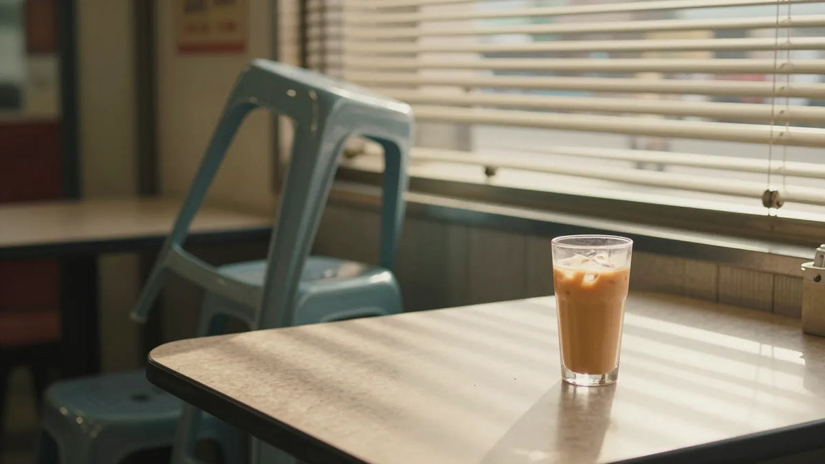 Empty Hong Kong cha chaan teng at mid-afternoon with a half-finished glass of iced milk tea on a formica table