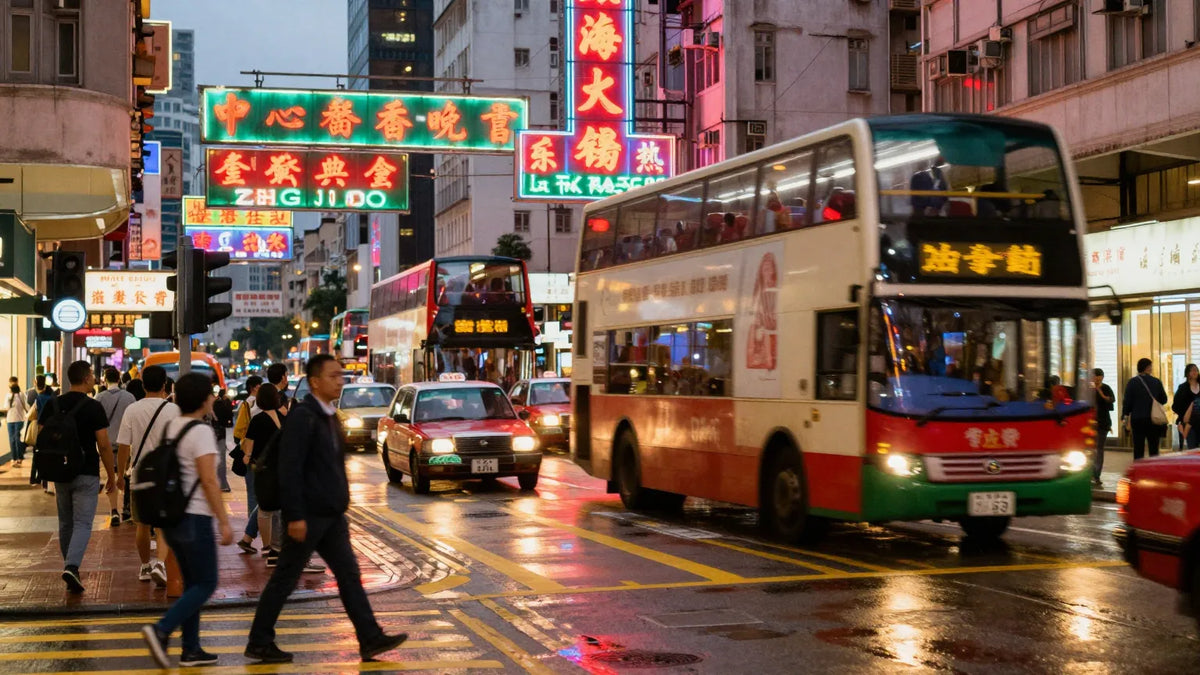 Bustling Hong Kong Causeway Bay street at dusk with red taxis, double-decker bus and layered neon signs