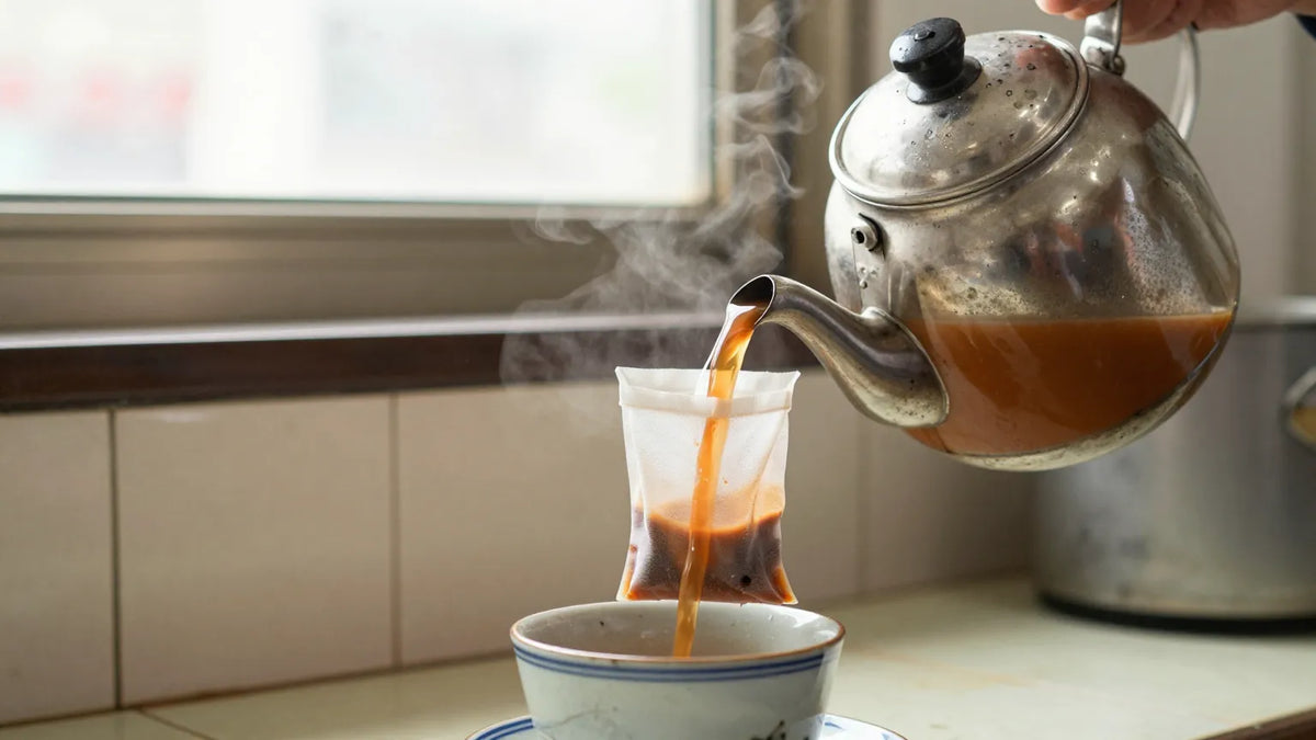 A stainless steel teapot pouring deep amber Hong Kong milk tea through a stained cotton stocking filter bag into a porcelain cup