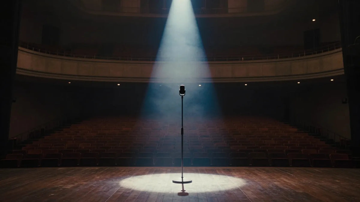 Vintage empty Hong Kong Coliseum concert stage with dramatic spotlight and microphone stand
