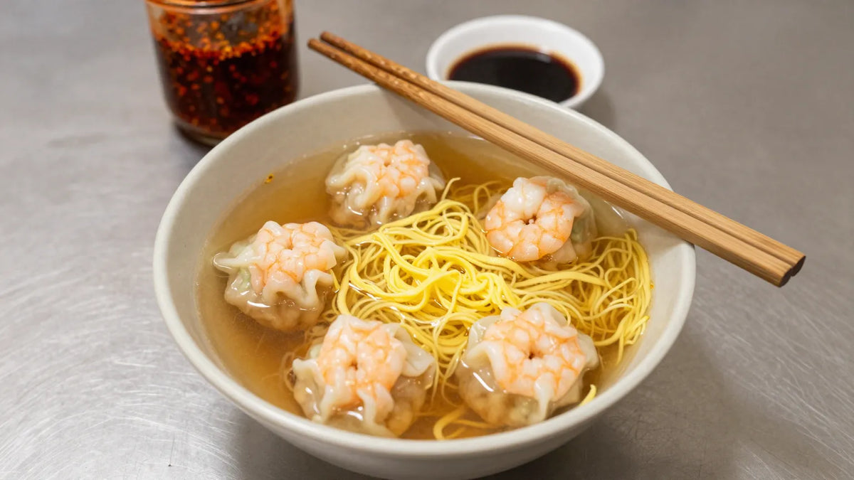 Small bowl of Cantonese wonton noodles on steel tabletop with chopsticks and chilli oil