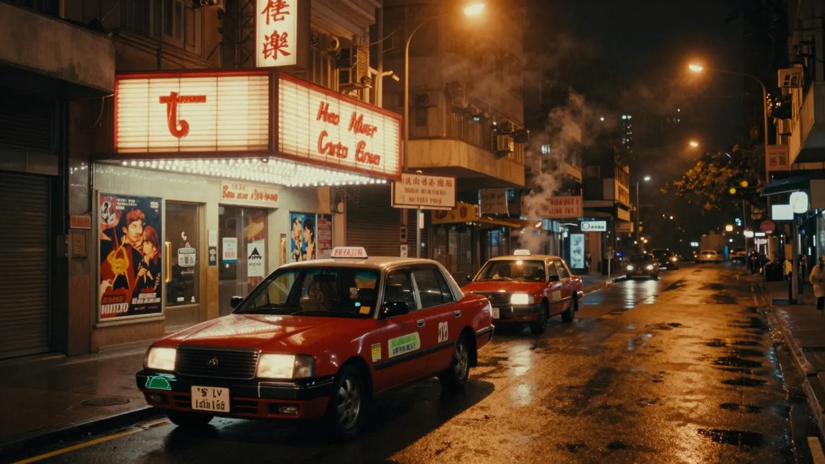 Vintage 1990s Hong Kong Central street at night with glowing cinema marquee, hand-painted film posters, parked red taxis and wet pavement