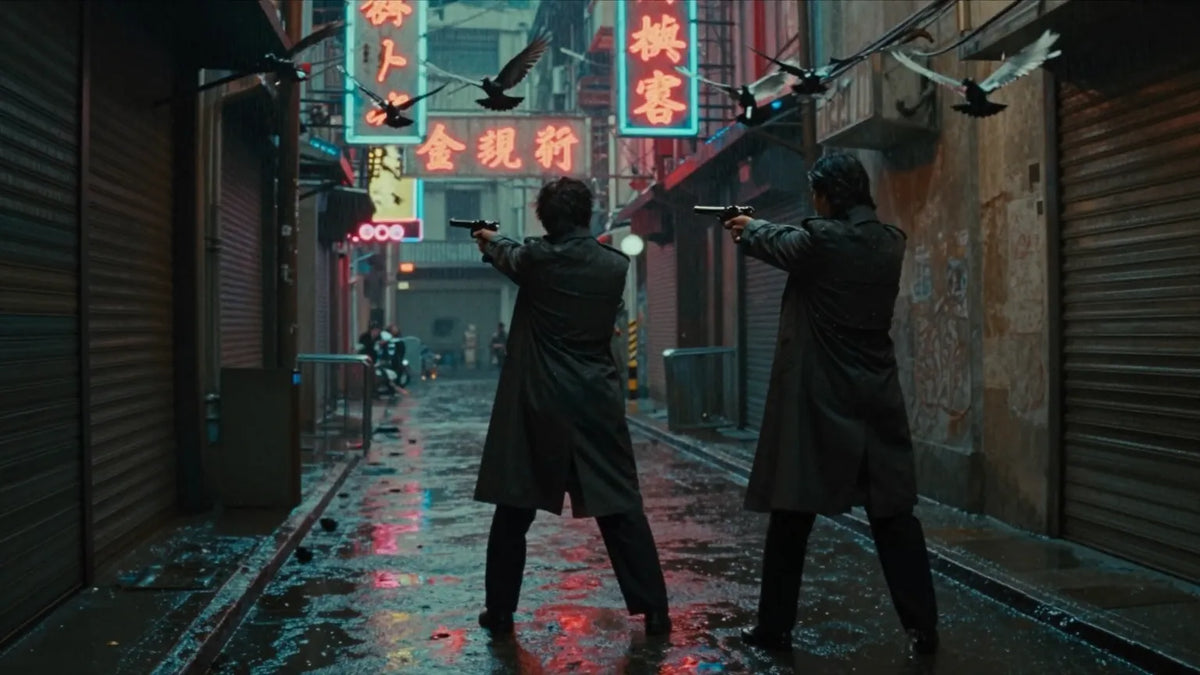 Vintage Hong Kong action cinema aesthetic with two silhouetted figures in trench coats holding pistols in a neon-lit rain-slicked alley