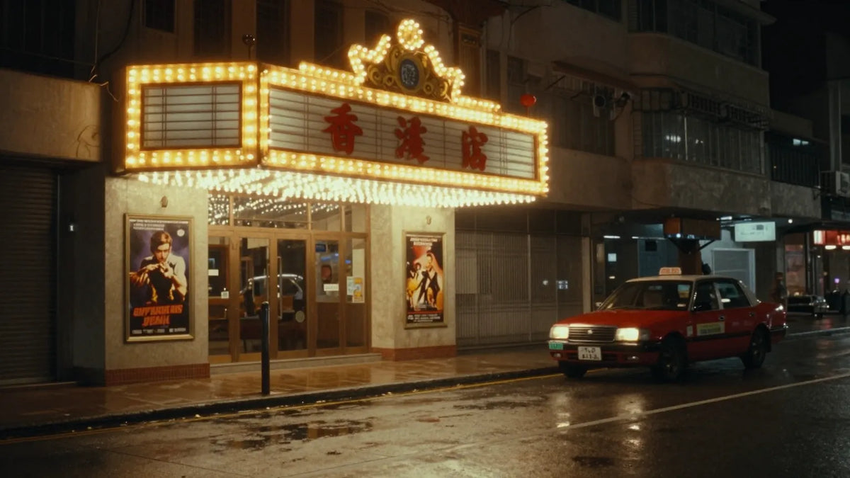 Vintage 1980s Hong Kong cinema marquee at night with red taxi parked outside, the era of Maggie Cheung's rise