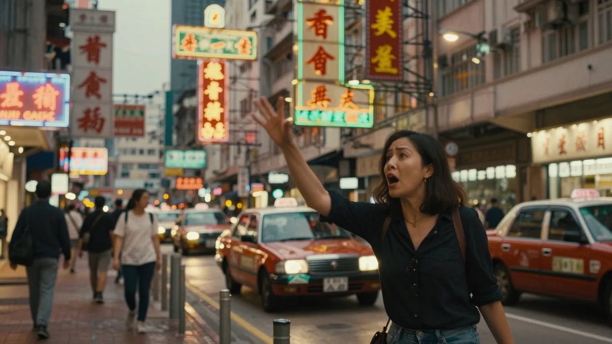 Woman gesturing in frustration on a busy Mong Kok street corner at dusk beneath layered neon signs