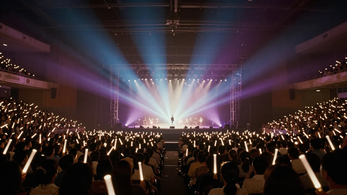 1990s Hong Kong Coliseum arena concert with thousands of fans holding light sticks