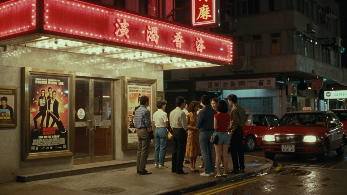 Vintage 1980s Hong Kong cinema street at night with glowing red marquee, film posters and parked taxis