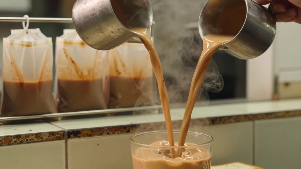 Hong Kong style silk stocking milk tea being poured from a height between two aluminium pots with steam rising