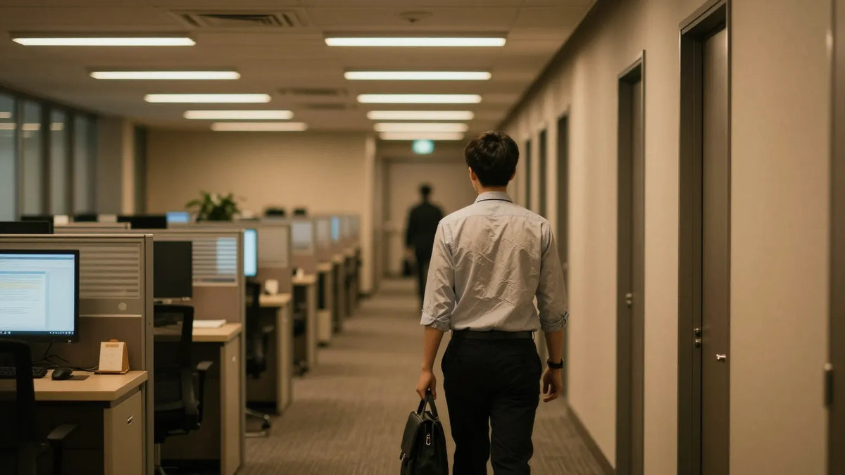 A young office worker walking down a dim Hong Kong office hallway at night carrying a laptop bag