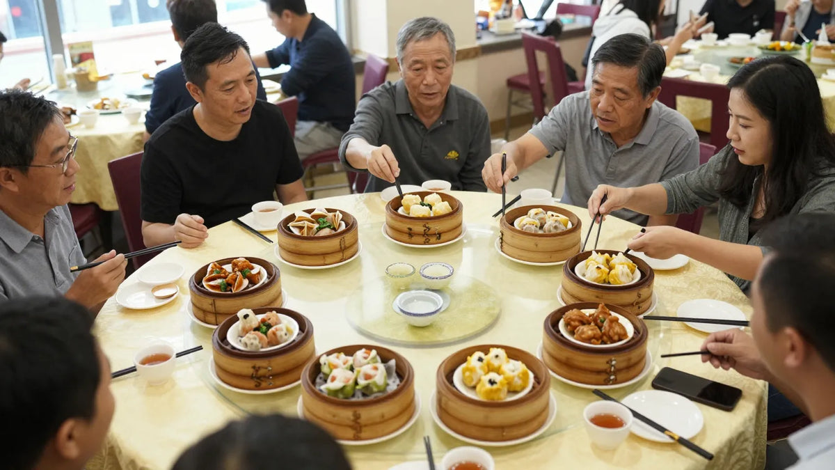 Round Cantonese dim sum table with multiple bamboo steamers and chopsticks reaching across