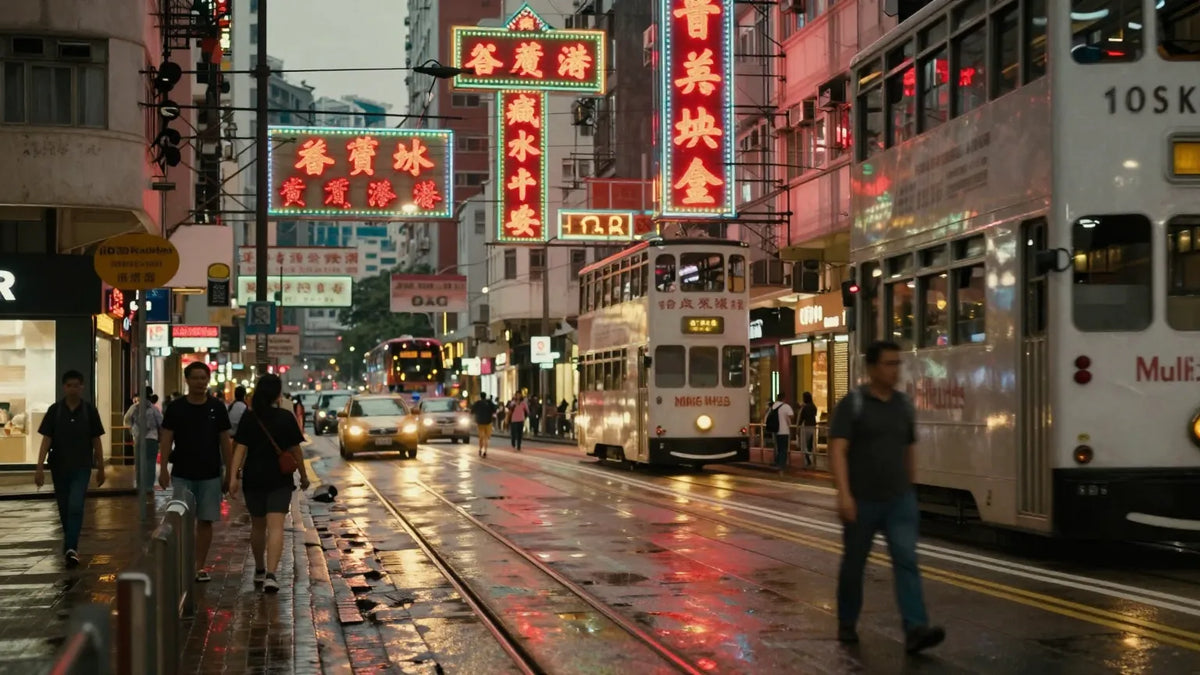 Dense Hong Kong Mongkok street at dusk with layered neon signs and tram tracks reflecting light