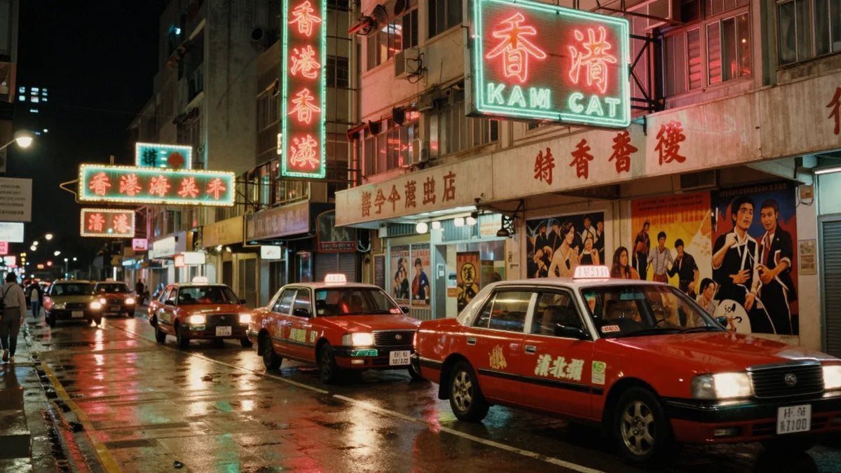 Vintage 1980s Hong Kong cinema street at night with glowing marquees and film posters