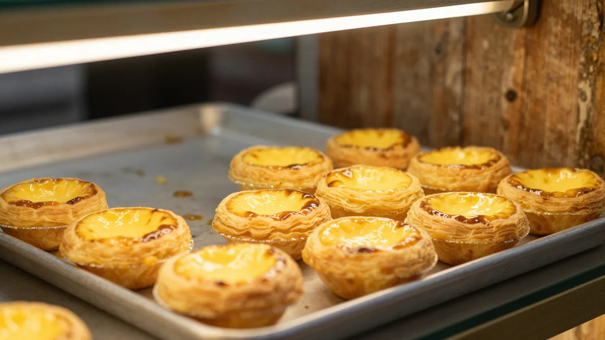 Freshly baked golden Hong Kong pastries arranged on a metal tray under a bakery display light with wooden counter