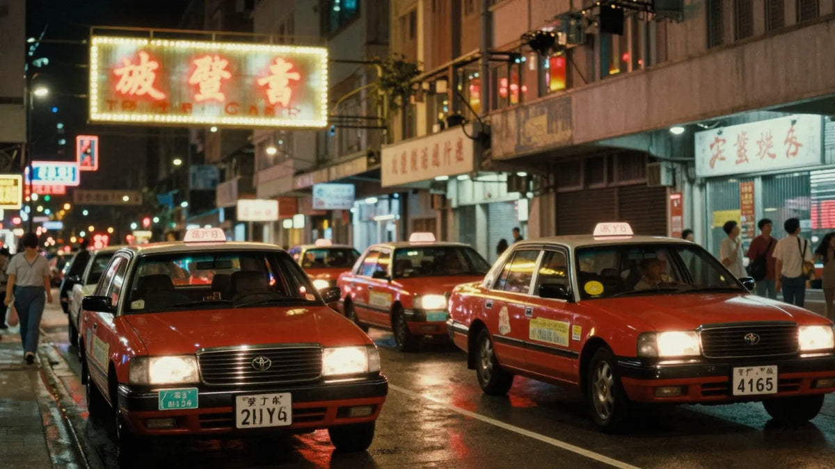 Vintage 1990s Hong Kong cinema street at night with glowing marquee and parked red taxis
