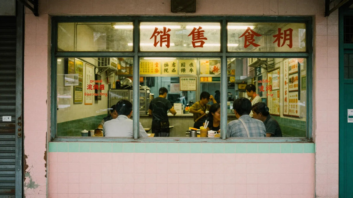 Exterior of a classic old-school Hong Kong cha chaan teng diner at dawn