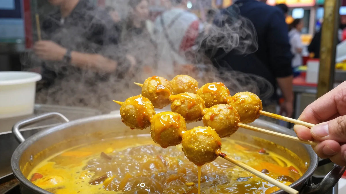 Steaming skewer of golden curry fish balls lifted from a simmering pot at a Hong Kong street food stall