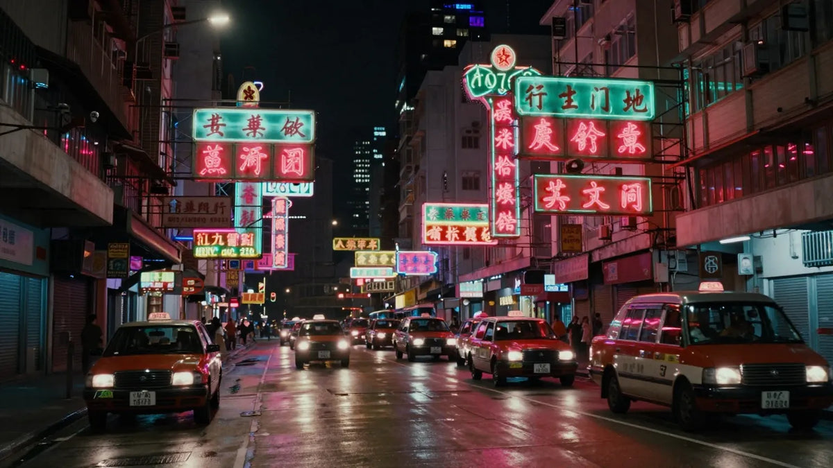 Wide 1970s Hong Kong neon streetscape at night with layered signs projecting over the road and taxis below in the rain