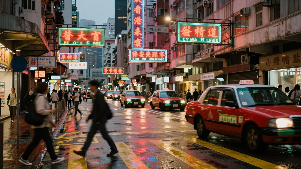 Hong Kong neon-lit street at dusk with a red taxi and pedestrians crossing wet pavement