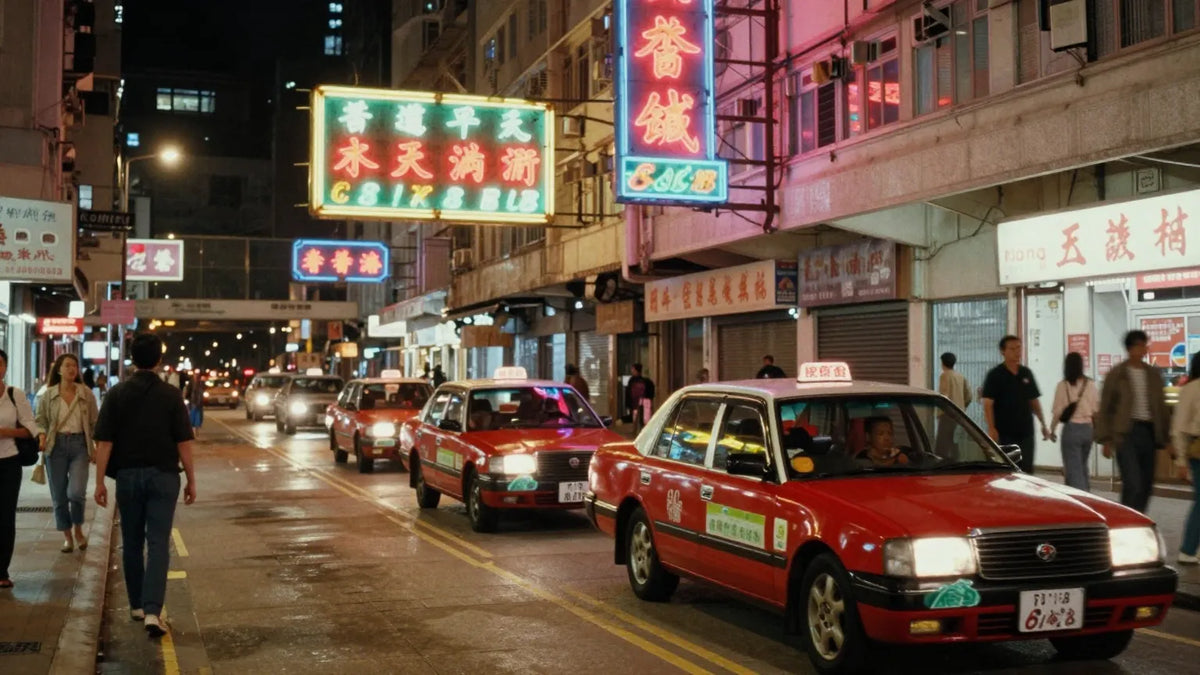 Vintage 1980s Hong Kong cinema street at night with glowing neon marquees and red taxis along wet pavement