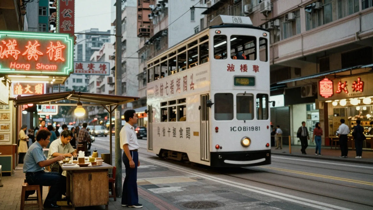Vintage 1970s Hong Kong Kowloon street scene with double-decker tram passing neon-signed storefronts at dusk