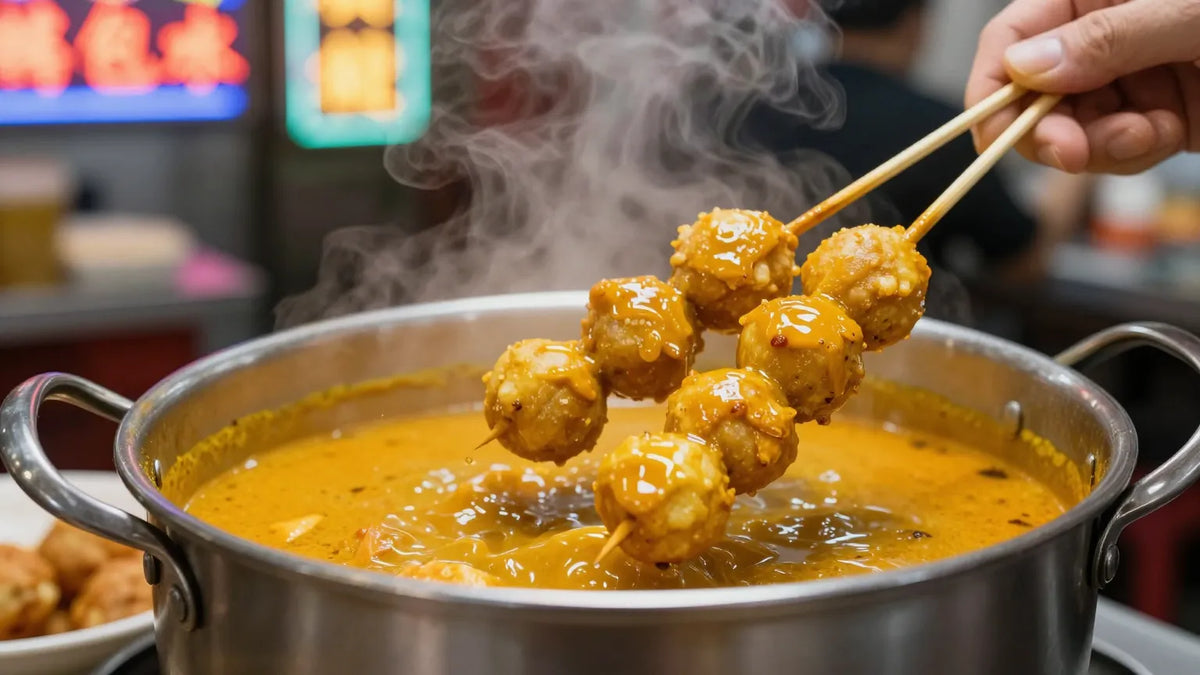 Curry fish balls skewered on bamboo sticks lifted from bubbling curry pot with steam rising at Hong Kong street stall