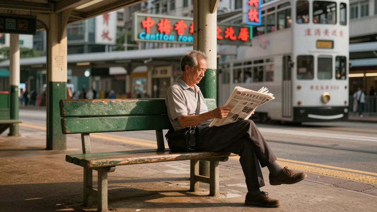 Elderly man reading a Chinese newspaper on a weathered green bench at a Hong Kong tram terminus at golden hour