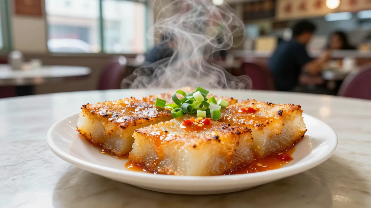 Golden pan-fried Cantonese lo bak go radish cake garnished with spring onions and chili sauce on a marble table