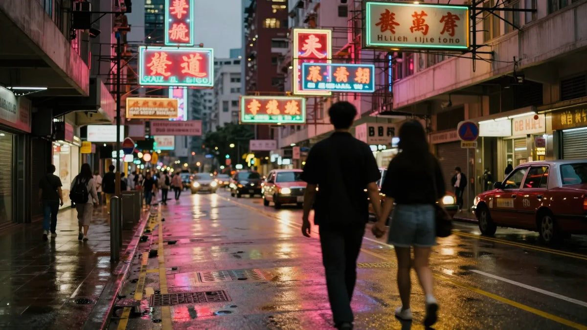 Hong Kong Mongkok neon street at twilight with couple walking hand in hand on wet reflective pavement
