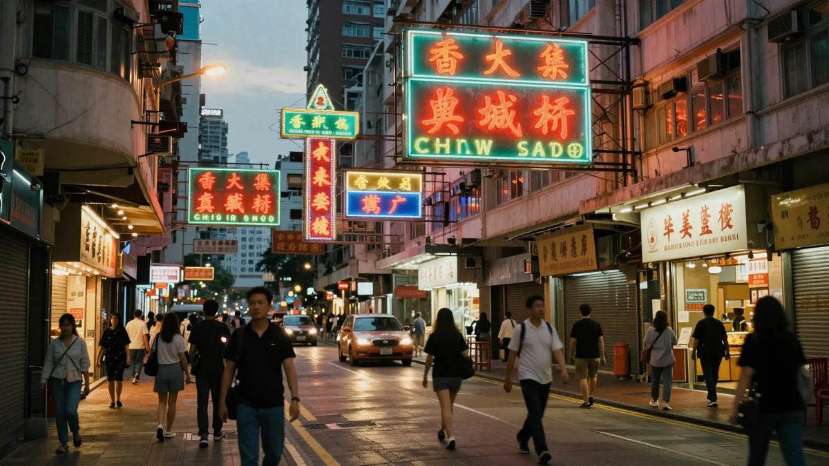 Dense Hong Kong street at dusk with layered neon signs glowing in red and gold over wet pavement, pedestrians walking past old shopfronts