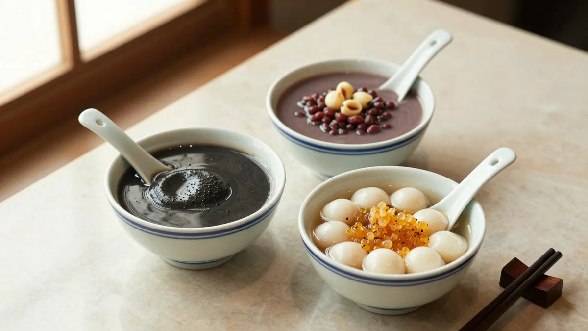 Three porcelain bowls of Cantonese sweet dessert soup with black sesame red bean and tang yuen