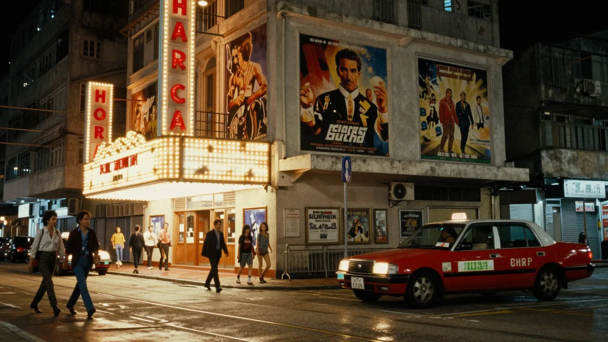 Vintage 1980s Hong Kong cinema street at night with glowing marquee and hand-painted film posters