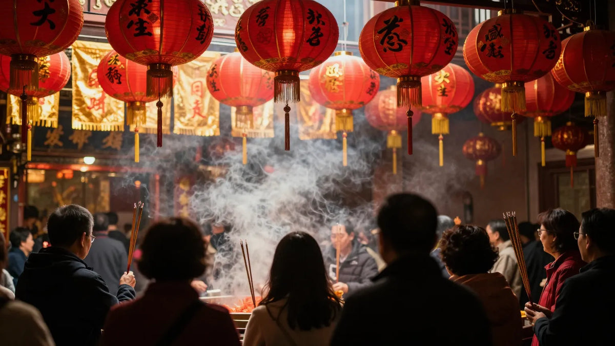 Hong Kong temple interior during Lunar New Year with red lanterns, hanging auspicious couplet banners, and worshippers holding incense sticks amid swirling smoke