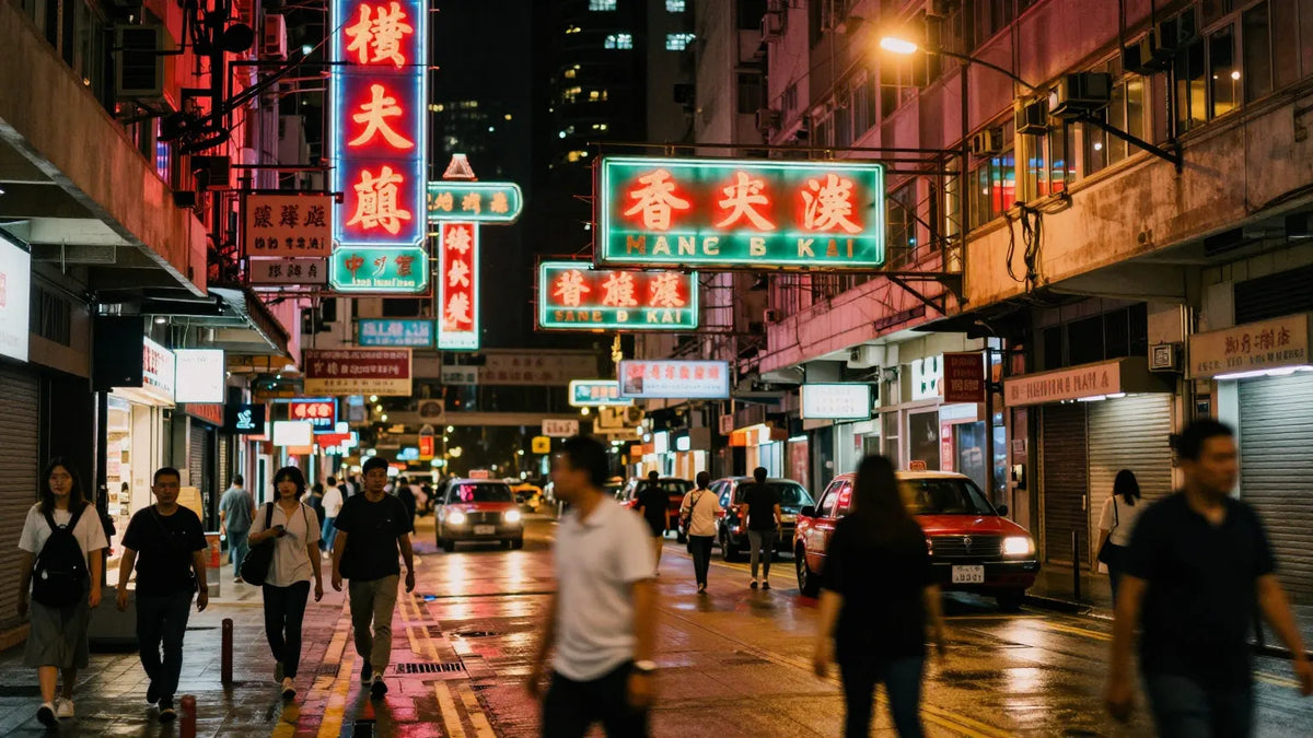 Hong Kong Mong Kok street at night with neon signs stacked over the road and pedestrians crossing wet pavement