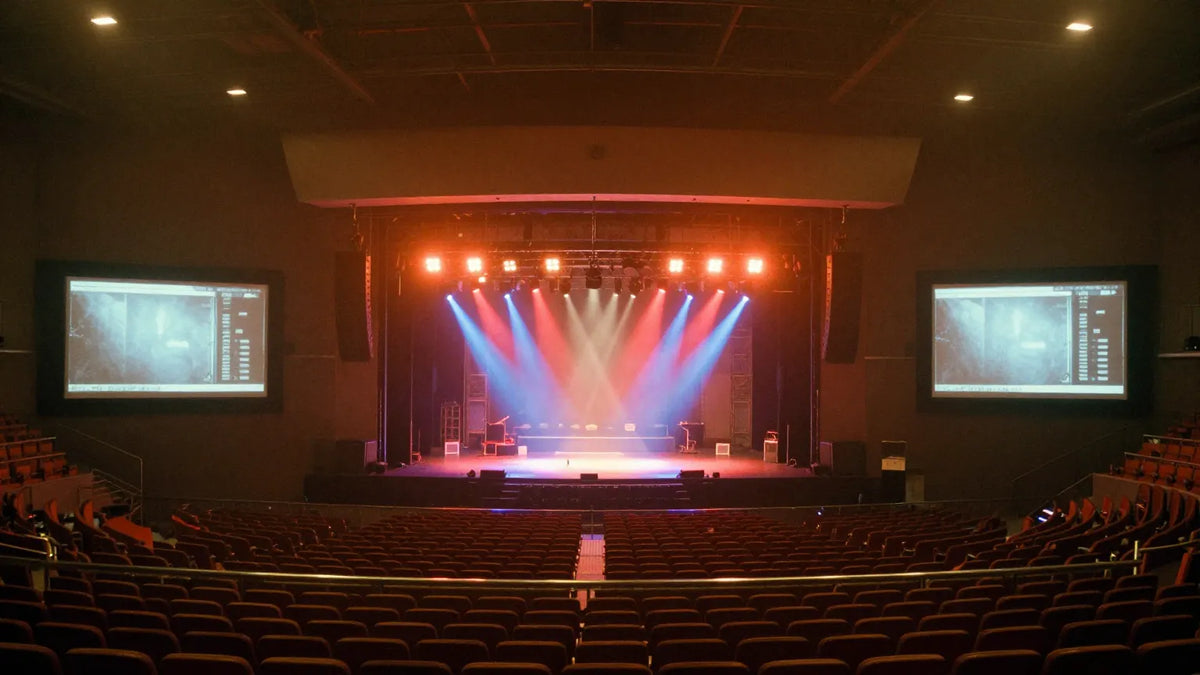 Empty Hong Kong Coliseum concert arena at night with red and blue stage lights and video screens