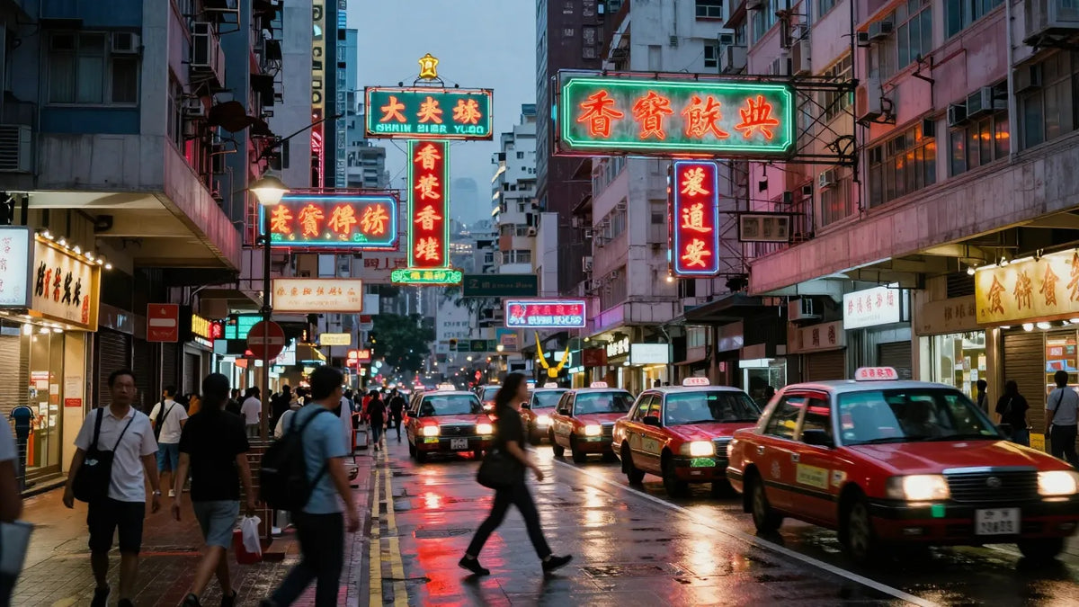 Mong Kok Hong Kong street at dusk with layered neon signs, red taxis, wet pavement and pedestrians