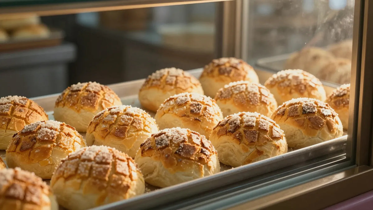 Hong Kong bakery display window with rows of freshly baked pineapple buns with crackled golden-brown sugar-flour top crust in golden hour light