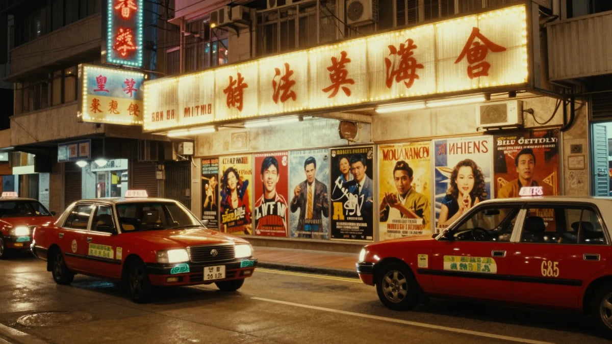 Vintage 1990s Hong Kong cinema street at night with glowing marquee and Chinese character movie posters