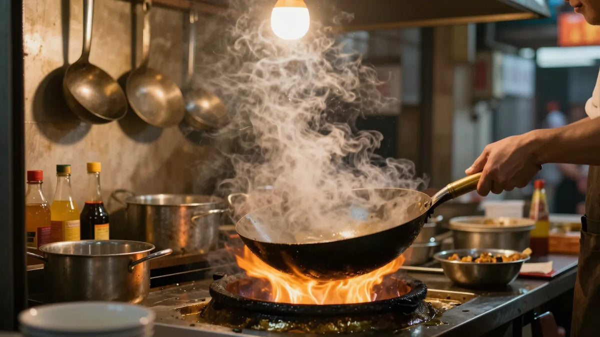 Cantonese wok chef mid-toss with leaping flame in a Hong Kong dai pai dong outdoor kitchen at night