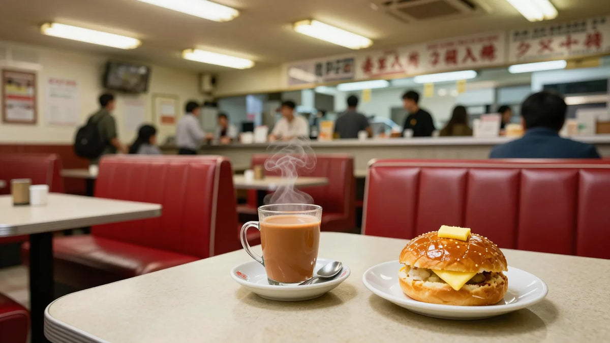 Classic Hong Kong cha chaan teng interior with red vinyl booths and Formica tables