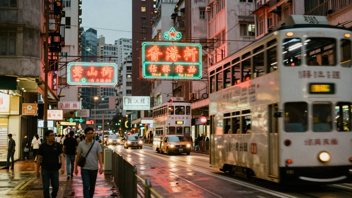 Dense Hong Kong street at dusk with layered neon signs and tram