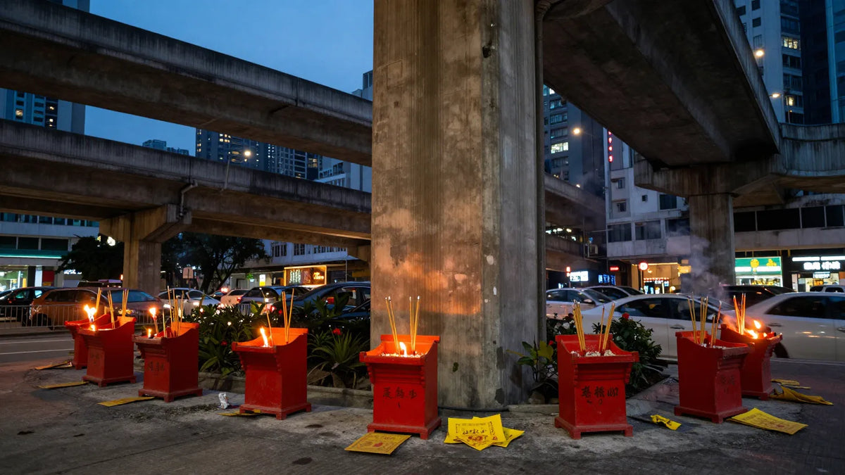 Wide view under a Hong Kong concrete flyover at dusk with small red folk altars, burning incense sticks and yellow paper offerings on the ground