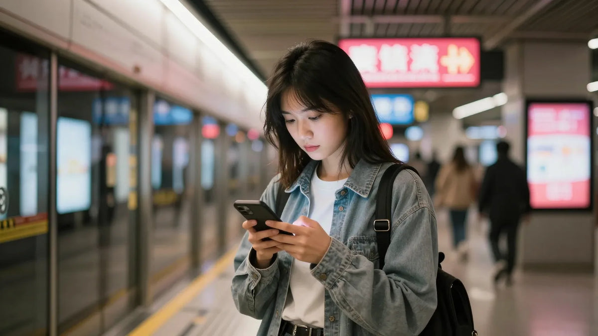 Young Hong Kong woman in casual streetwear typing on a smartphone at a neon-lit MTR station platform