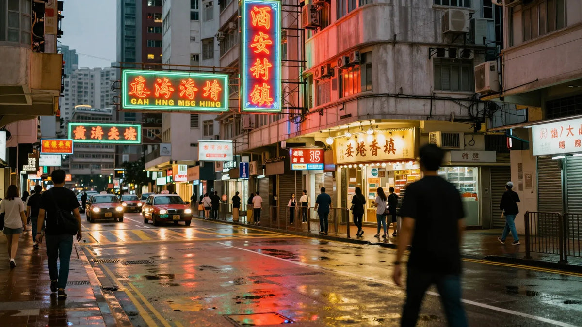 Dense Hong Kong Kowloon street at dusk with layered neon signs reflecting off wet pavement