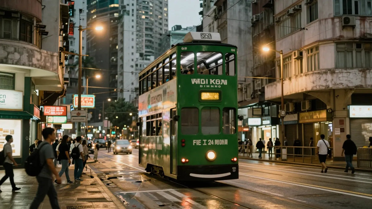Classic Hong Kong double decker tram in green livery gliding along a wet Central street at dusk with neon signs