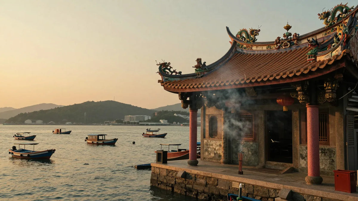 Traditional Chinese Tin Hau temple on stone platform at the edge of a Hong Kong fishing harbour at dusk with fishing boats in the water